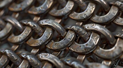 Macro detail of interlinked metallic chain pattern. Industrial background concept