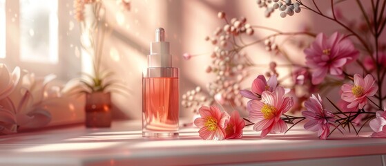 A bottle of perfume is displayed on a table next to a vase of flowers
