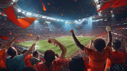 Energetic celebration in an Amsterdam soccer stadium. A vibrant and exciting illustration capturing the thrill of sports and camaraderie
