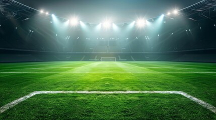 Obraz premium Football stadium arena for match with spotlight. Soccer sport background, green grass field for competition champion match.