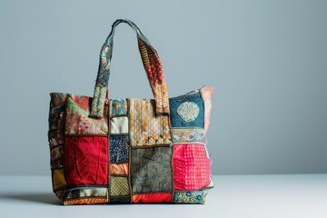 Colorful patchwork tote bag showcasing sustainable fashion