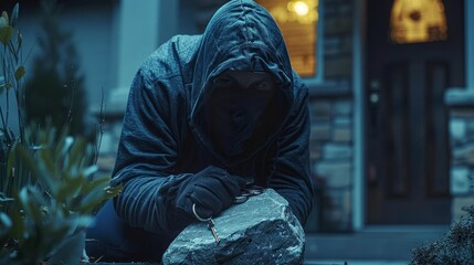A burglar in a black hoodie and gloves crouches next to a rock, trying to hide.