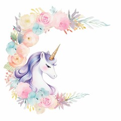 cute pastel unicorn themed frame or border for photos and text, watercolor illustration, Perfect for nursery art, simple clipart, single object, white color background.