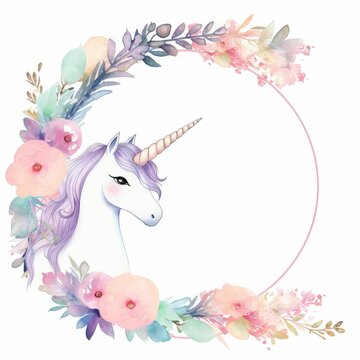 cute pastel unicorn themed frame or border for photos and text, watercolor illustration, Perfect for nursery art, simple clipart, single object, white color background.