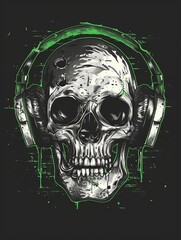 A skull with green headphones. The skull is facing the viewer and has a hole in its forehead. The headphones are made of metal and have a green glow. The background is black.