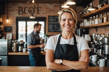 Portrait of smiling Caucasian coffee shop owner standing in her establishment - Powered by Adobe