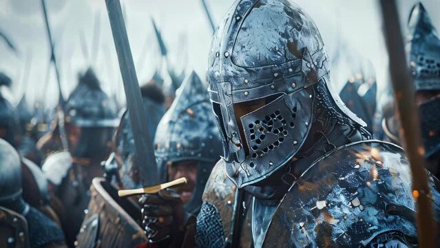 A cinematic still of medieval knights in armor charging into battle