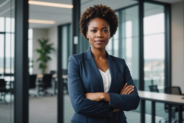 Portrait of Confident proud African American lady lawyer wearing suit standing arms crossed in office near glass wall