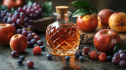 The richness of red apples and fruits showcased the bottle on a dark background 