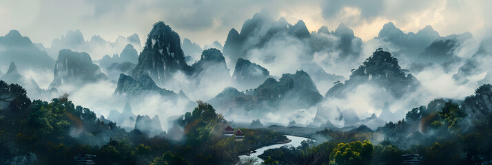 Journey Through Timeless Peaks: A Glimpse into Ancient Chinese Landscapes Captured Through Xu Derived Brushwork