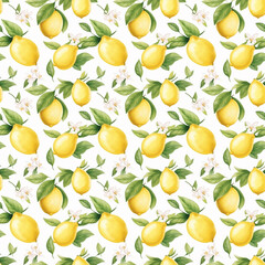 Lemons on the white background, pattern. Illustration for wallpapers, textile, wrapping, poster, web and packaging
