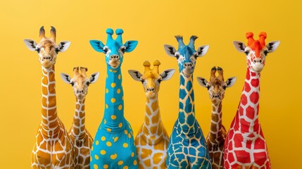 Whimsical Giraffes in Colorful Outfits on Bright Background Generative AI