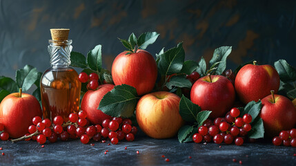 The richness of red apples and fruits showcased the bottle on a dark background 