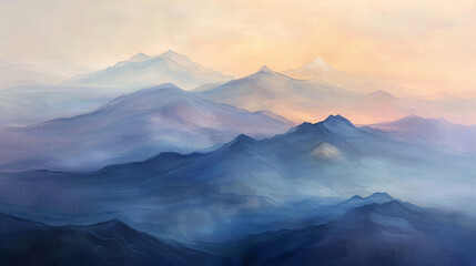 A dawn mountain range oil painting on canvas, with soft, pastel colors capturing the early morning light