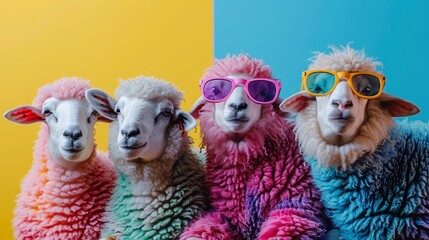 Funky Sheep in Colorful Outfits on Bright Background Generative AI