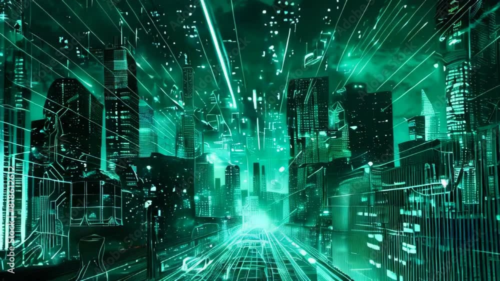 Poster a digital cityscape with holographic elements and circuit patterns