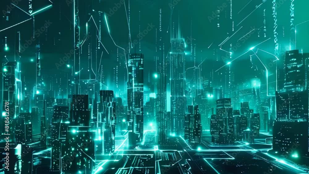 Aufkleber a digital cityscape with holographic elements and circuit patterns