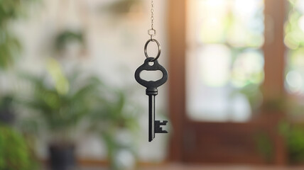 A close-up of an antique key hanging on a chain, set against a blurred background of a sunlit room with greenery. 