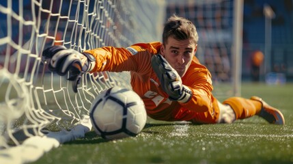 Young soccer goalkeeper in motion, defending the ball.