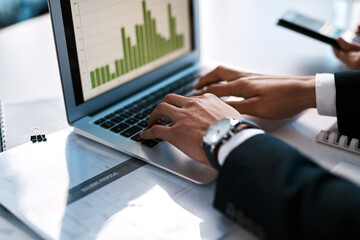 Laptop, teamwork and hands of people with charts, graphs and data analysis for business growth. Research, stats and collaboration at computer for sales development, profit or finance budget in office