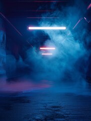 A dark empty street, dark blue background, an empty dark scene, neon light, spotlights The asphalt floor and studio room with smoke float up the interior texture. night view Generative AI