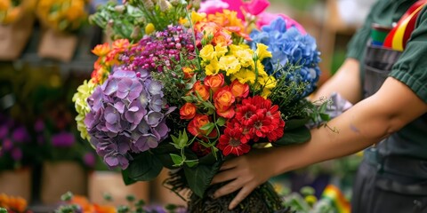 A florist creating rainbow bouquets for Pride Month