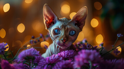 Portrait of cute hairless Sphynx cat with flowers on background.
