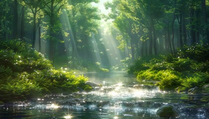 Serene forest stream with sun rays filtering through the trees, casting a soothing light on the clear water and lush greenery.