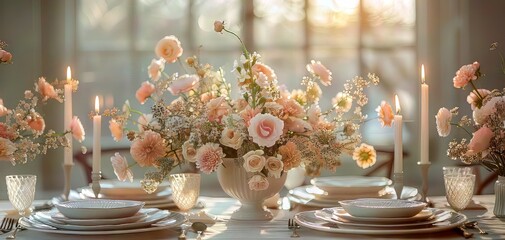 Elegant table setting with beautiful floral arrangement, soft pink and white blooms, and lit candles in a serene, sunlit environment.