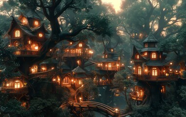 Obraz premium Enchanting treehouse village illuminated at night, nestled in a mystical forest. Warm lights create a magical ambiance. Perfect for fantasy enthusiasts.