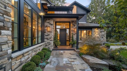 Fototapeta premium Modern house with rustic entrance door Generative AI