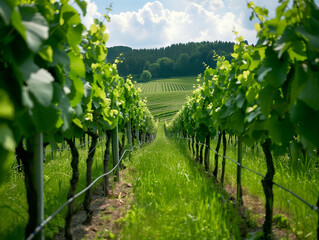 Weinanbau, Weinberg mit Weisswein oder rotwein in idyllischer Landschaft