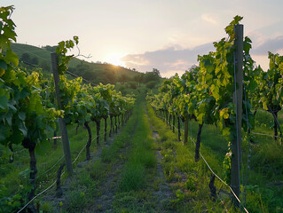 Naklejka premium Weinanbau, Weinberg mit Weisswein oder rotwein in idyllischer Landschaft