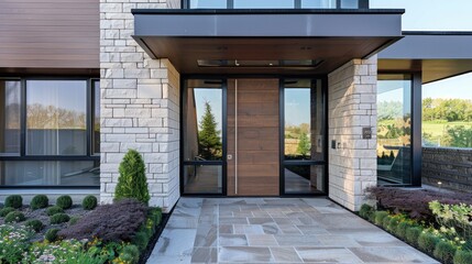 Modern house with rustic entrance door Generative AI