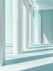 Obraz premium Beautiful airy widescreen minimalistic white and light blue architectural background banner with tilted columns. AI generated.