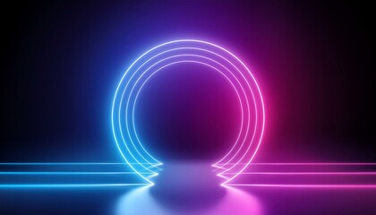 3d render, blue pink neon round frame, circle, ring shape, empty space, ultraviolet light, 80's retro style, fashion show stage, abstract background
