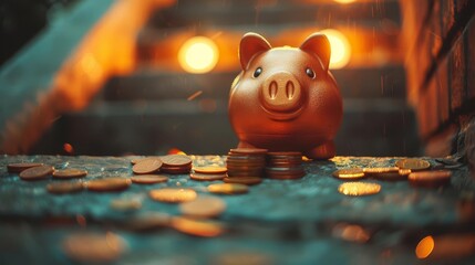 A golden piggy bank sits on a stack of coins in front of a blurred background of orange lights