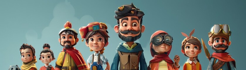 A group of 7 diverse characters, each with their own unique personality and style. The characters are all standing together in a group, looking at the viewer.