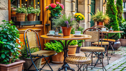 Fototapeta na wymiar A stylish outdoor cafe setting with a product displayed on a bistro table, accented by potted plants and vintage decor 