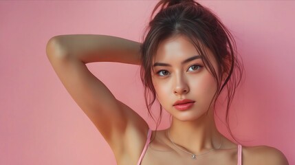 Obraz premium A woman in pink bra top posing for the camera.