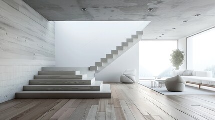 Modern, simple, clean single staircase in the house. Generative AI. Interior