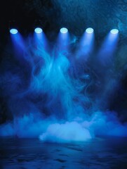 Illuminated stage with scenic lights and smoke. Blue vector spotlight with smoke volume light effect on black background. Stadium cloudiness projector, Generative AI