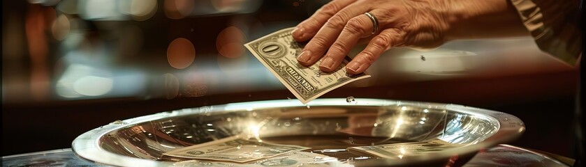 A person is shown dropping a dollar bill into a silver bowl