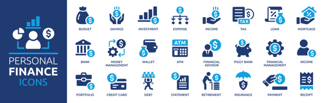 Personal finance icon set. Containing budget, savings, expense, income, tax, loan, statement, financial management, mortgage and more. Solid vector icons collection.