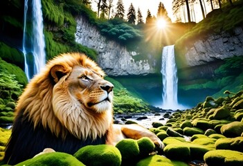 lion sitting by waterfall (149)