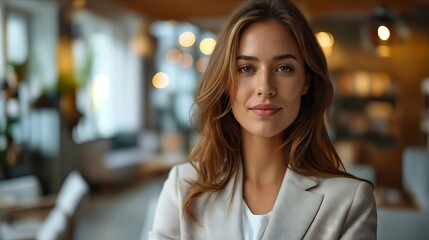 Fototapeta premium A woman in a white suit looking at the camera.