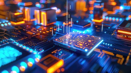 A futuristic GPU processing unit, depicted in a hightech, neonlit cyberpunk environment