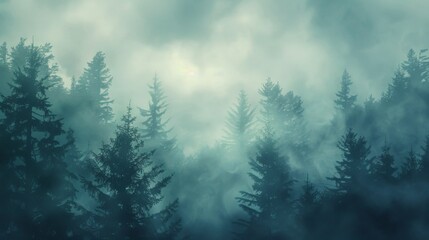 Forest shrouded in mist with trees and cloudy sky. Enchanting nature concept