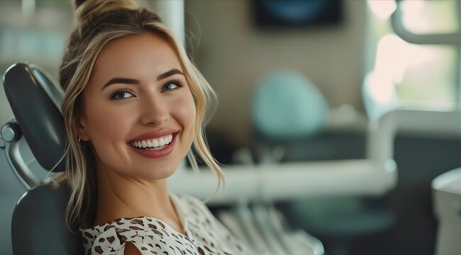 A woman smiling in a dental chair.