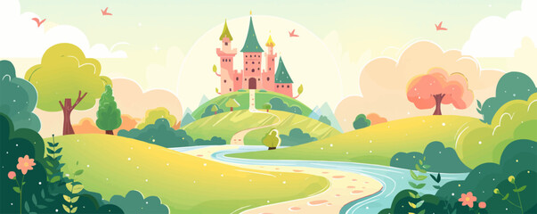 A dreamy fairy-tale castle perched atop a hill, surrounded by lush greenery and a meandering river. Vector flat minimalistic isolated illustration